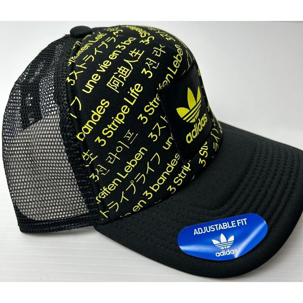 Adidas 3 Stripe Life Recoded Beam Trucker Mesh Cap Hat Black/Yellow Adjustable - Picture 4 of 6